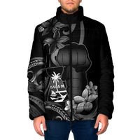 Black Hafa Adai Guam Padded Jacket Chamorro Latte Stone Hand With Plumeria - Polynesian Pride