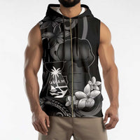 Black Hafa Adai Guam Sleeveless Zip Hoodie Chamorro Latte Stone Hand With Plumeria - Polynesian Pride