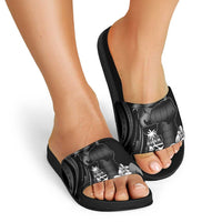 Black Hafa Adai Guam Slide Sandals Chamorro Latte Stone Hand With Plumeria - Polynesian Pride
