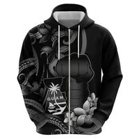 Black Hafa Adai Guam Zip Hoodie Chamorro Latte Stone Hand With Plumeria