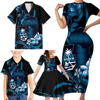 Blue Hafa Adai Guam Family Matching Short Sleeve Bodycon Dress and Hawaiian Shirt Chamorro Latte Stone Hand With Plumeria