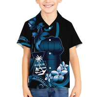 Blue Hafa Adai Guam Family Matching Short Sleeve Bodycon Dress and Hawaiian Shirt Chamorro Latte Stone Hand With Plumeria