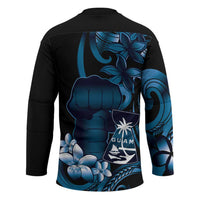 Blue Hafa Adai Guam Hockey Jersey Chamorro Latte Stone Hand With Plumeria - Polynesian Pride