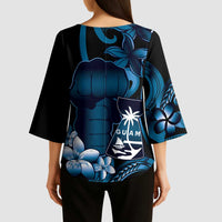 Blue Hafa Adai Guam Kimono Sleeve Blouse Chamorro Latte Stone Hand With Plumeria - Polynesian Pride