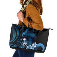 Blue Hafa Adai Guam Leather Tote Bag Chamorro Latte Stone Hand With Plumeria