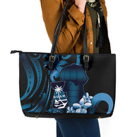 Blue Hafa Adai Guam Leather Tote Bag Chamorro Latte Stone Hand With Plumeria