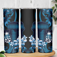 Blue Hafa Adai Guam Skinny Tumbler Chamorro Latte Stone Hand With Plumeria