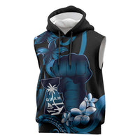 Blue Hafa Adai Guam Sleeveless Hoodie Chamorro Latte Stone Hand With Plumeria - Polynesian Pride