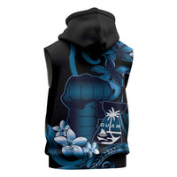 Blue Hafa Adai Guam Sleeveless Hoodie Chamorro Latte Stone Hand With Plumeria - Polynesian Pride