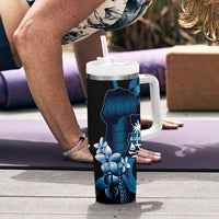 Blue Hafa Adai Guam Tumbler With Handle Chamorro Latte Stone Hand With Plumeria