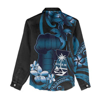 Blue Hafa Adai Guam Women Casual Shirt Chamorro Latte Stone Hand With Plumeria