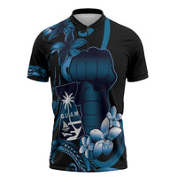 Blue Hafa Adai Guam Zipper Polo Shirt Chamorro Latte Stone Hand With Plumeria - Polynesian Pride