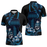 Blue Hafa Adai Guam Zipper Polo Shirt Chamorro Latte Stone Hand With Plumeria - Polynesian Pride