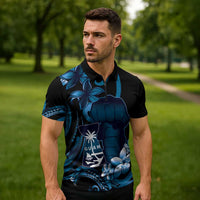 Blue Hafa Adai Guam Zipper Polo Shirt Chamorro Latte Stone Hand With Plumeria - Polynesian Pride