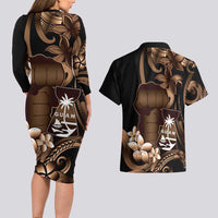 Brown Hafa Adai Guam Couples Matching Long Sleeve Bodycon Dress and Hawaiian Shirt Chamorro Latte Stone Hand With Plumeria