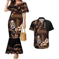 Brown Hafa Adai Guam Couples Matching Mermaid Dress and Hawaiian Shirt Chamorro Latte Stone Hand With Plumeria