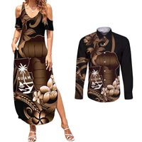 Brown Hafa Adai Guam Couples Matching Summer Maxi Dress and Long Sleeve Button Shirt Chamorro Latte Stone Hand With Plumeria