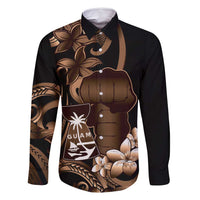 Brown Hafa Adai Guam Family Matching Long Sleeve Bodycon Dress and Hawaiian Shirt Chamorro Latte Stone Hand With Plumeria