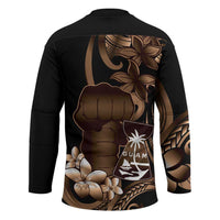 Brown Hafa Adai Guam Hockey Jersey Chamorro Latte Stone Hand With Plumeria - Polynesian Pride