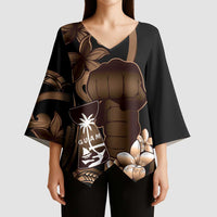Brown Hafa Adai Guam Kimono Sleeve Blouse Chamorro Latte Stone Hand With Plumeria - Polynesian Pride