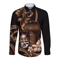 Brown Hafa Adai Guam Long Sleeve Button Shirt Chamorro Latte Stone Hand With Plumeria