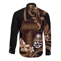 Brown Hafa Adai Guam Long Sleeve Button Shirt Chamorro Latte Stone Hand With Plumeria