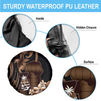 Brown Hafa Adai Guam Spare Tire Cover Chamorro Latte Stone Hand With Plumeria