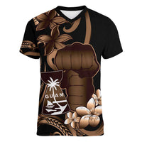 Brown Hafa Adai Guam Women V-Neck T-Shirt Chamorro Latte Stone Hand With Plumeria
