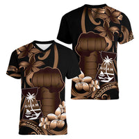 Brown Hafa Adai Guam Women V-Neck T-Shirt Chamorro Latte Stone Hand With Plumeria
