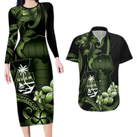Green Hafa Adai Guam Couples Matching Long Sleeve Bodycon Dress and Hawaiian Shirt Chamorro Latte Stone Hand With Plumeria