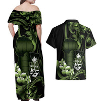 Green Hafa Adai Guam Couples Matching Off Shoulder Maxi Dress and Hawaiian Shirt Chamorro Latte Stone Hand With Plumeria