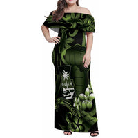 Green Hafa Adai Guam Family Matching Off Shoulder Maxi Dress and Hawaiian Shirt Chamorro Latte Stone Hand With Plumeria