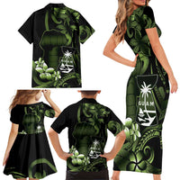 Green Hafa Adai Guam Family Matching Short Sleeve Bodycon Dress and Hawaiian Shirt Chamorro Latte Stone Hand With Plumeria