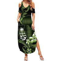 Green Hafa Adai Guam Family Matching Summer Maxi Dress and Hawaiian Shirt Chamorro Latte Stone Hand With Plumeria