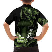 Green Hafa Adai Guam Hawaiian Shirt Chamorro Latte Stone Hand With Plumeria