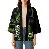 Green Hafa Adai Guam Kimono Chamorro Latte Stone Hand With Plumeria - Polynesian Pride