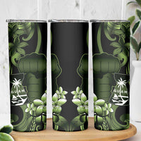 Green Hafa Adai Guam Skinny Tumbler Chamorro Latte Stone Hand With Plumeria