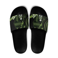 Green Hafa Adai Guam Slide Sandals Chamorro Latte Stone Hand With Plumeria LT14 Green - Polynesian Pride
