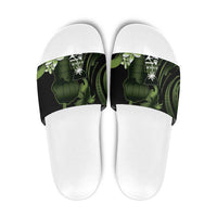 Green Hafa Adai Guam Slide Sandals Chamorro Latte Stone Hand With Plumeria LT14 Green - Polynesian Pride