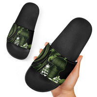 Green Hafa Adai Guam Slide Sandals Chamorro Latte Stone Hand With Plumeria LT14 - Polynesian Pride