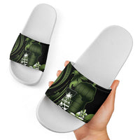 Green Hafa Adai Guam Slide Sandals Chamorro Latte Stone Hand With Plumeria LT14 - Polynesian Pride
