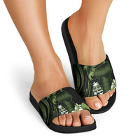 Green Hafa Adai Guam Slide Sandals Chamorro Latte Stone Hand With Plumeria LT14 - Polynesian Pride