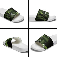 Green Hafa Adai Guam Slide Sandals Chamorro Latte Stone Hand With Plumeria LT14 - Polynesian Pride