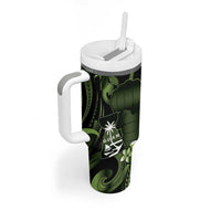 Green Hafa Adai Guam Tumbler With Handle Chamorro Latte Stone Hand With Plumeria