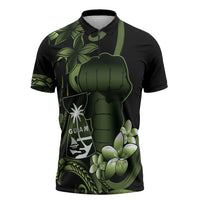 Green Hafa Adai Guam Zipper Polo Shirt Chamorro Latte Stone Hand With Plumeria - Polynesian Pride