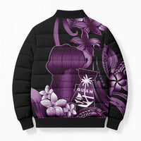 Purple Hafa Adai Guam Bomber Puffer Jacket Chamorro Latte Stone Hand With Plumeria - Polynesian Pride