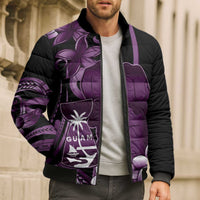 Purple Hafa Adai Guam Bomber Puffer Jacket Chamorro Latte Stone Hand With Plumeria - Polynesian Pride