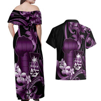 Purple Hafa Adai Guam Couples Matching Off Shoulder Maxi Dress and Hawaiian Shirt Chamorro Latte Stone Hand With Plumeria