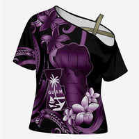 Purple Hafa Adai Guam Cross Shoulder Shirt Chamorro Latte Stone Hand With Plumeria - Polynesian Pride