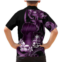 Purple Hafa Adai Guam Family Matching Mermaid Dress and Hawaiian Shirt Chamorro Latte Stone Hand With Plumeria